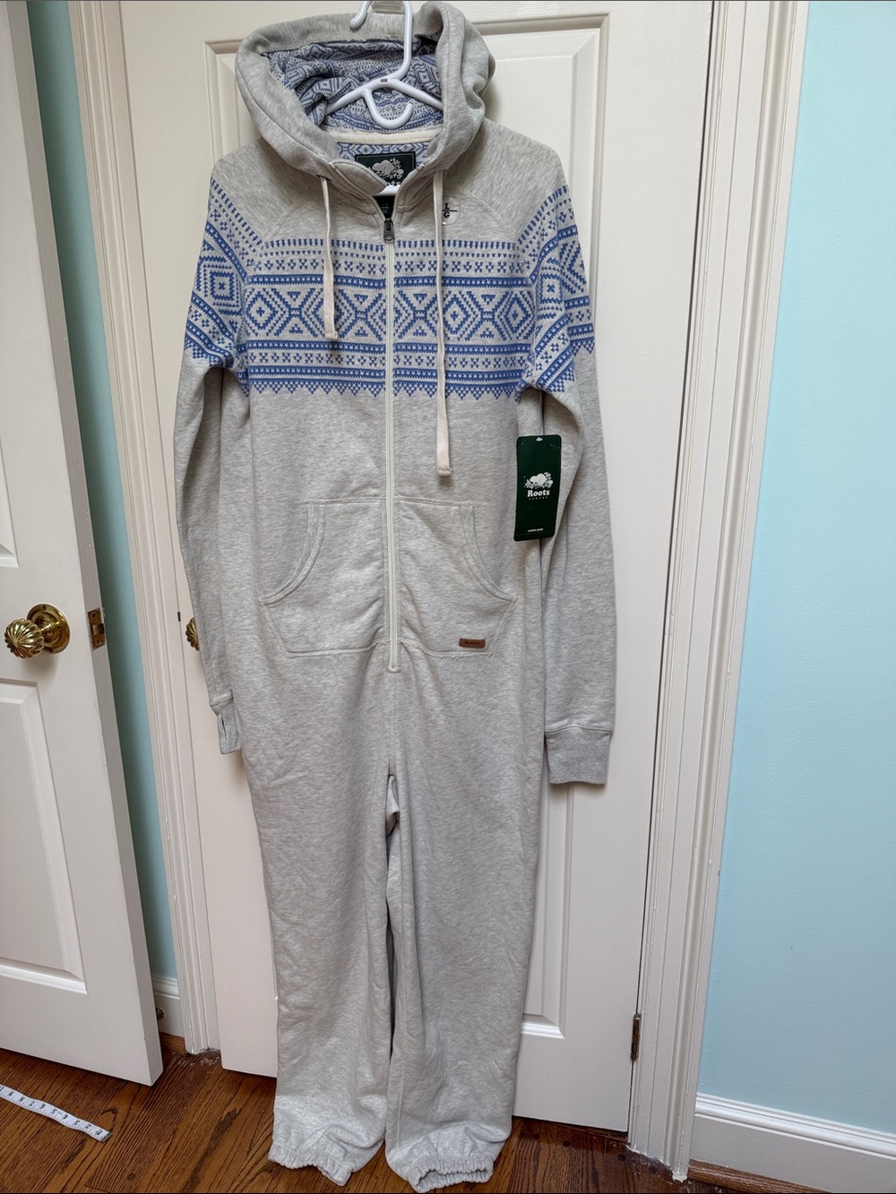 NWT Roots sz L Snowflake Oneside fleece hooded zip jumpsuit nordic gray blue